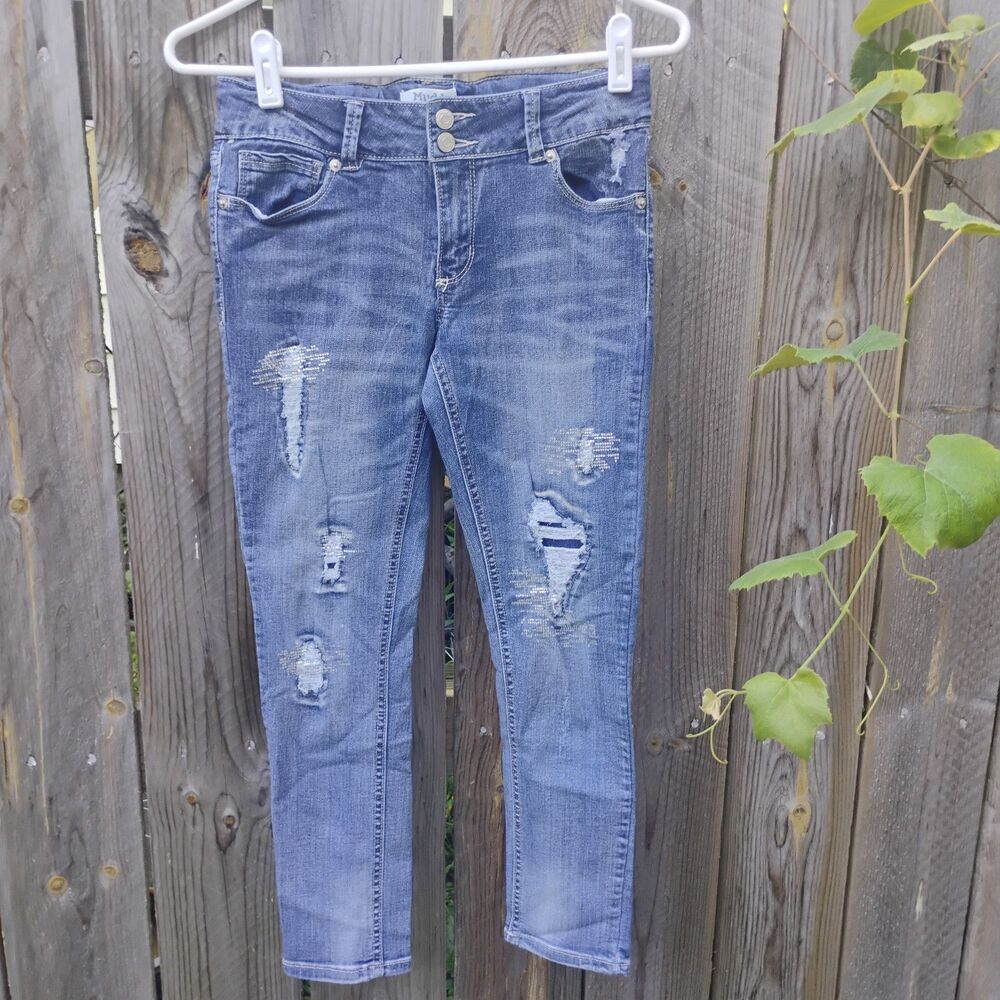 Mudd Girls Size 14 Distressed Skinny Jeans Rhinestone Bling Stretch Adjustable
